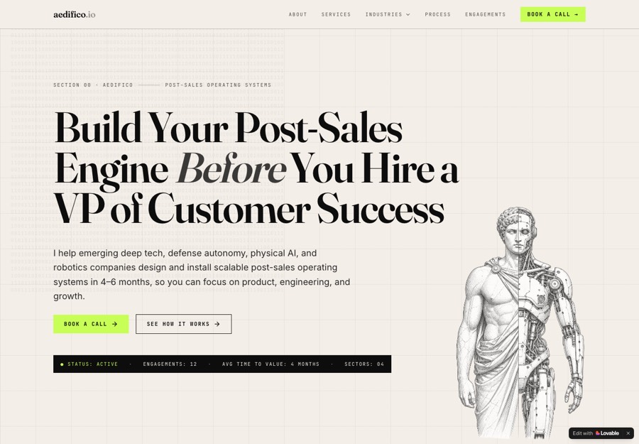 Aedifico Consulting homepage: bone-coloured editorial layout with a large serif headline and a half-classical, half-robotic statue illustration