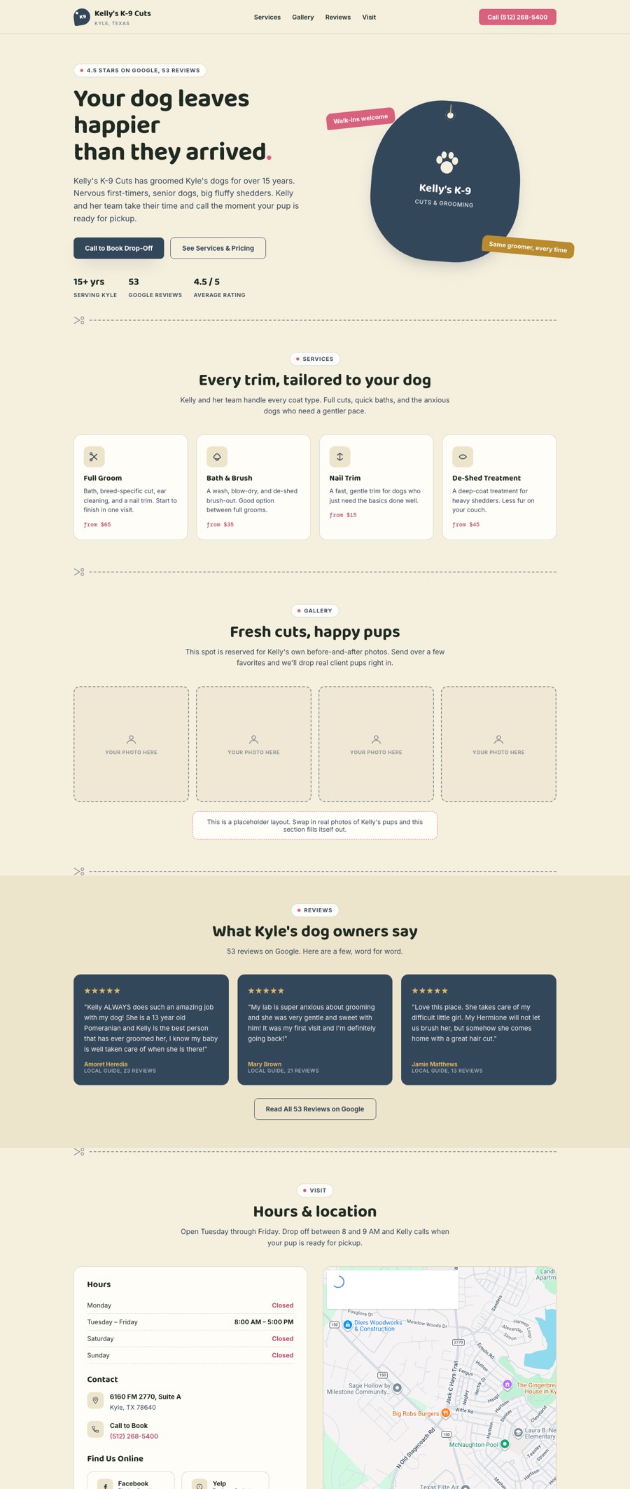 Kelly's K-9 Cuts homepage: cream and denim layout with a paw-print emblem and grooming service cards