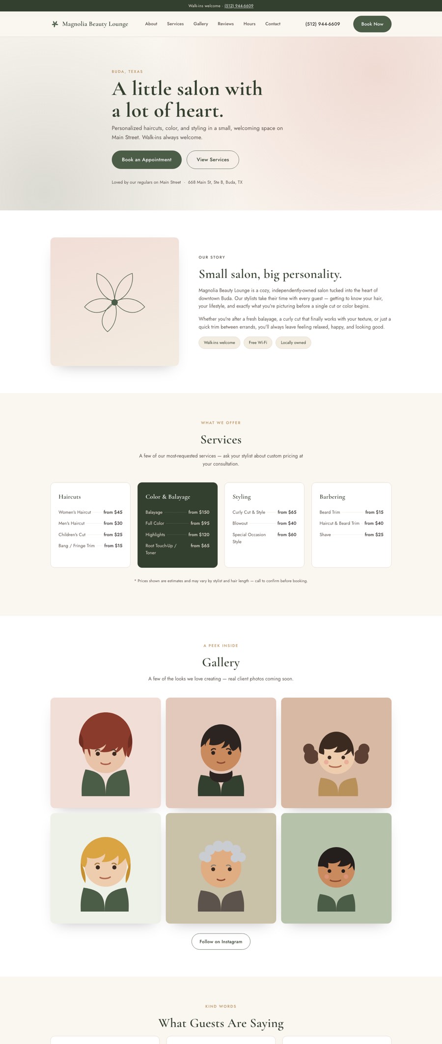 Magnolia Beauty Lounge homepage: soft green and blush palette with a serif headline reading A little salon with a lot of heart