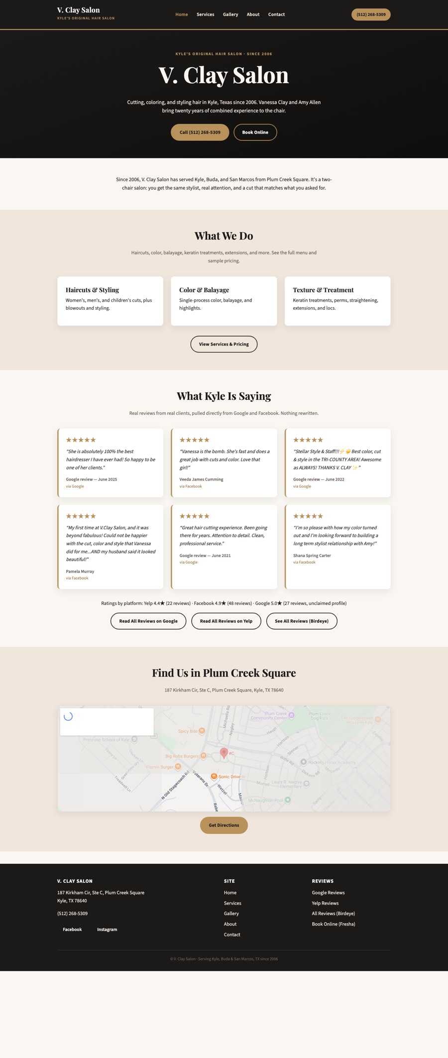 V. Clay Salon homepage: black hero with a large serif wordmark and brass accents over a cream services section